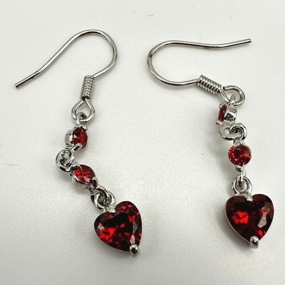 Earrings Red Heart Rhinestone Silver Tone Dangle Drop Romantic Statement Y2K